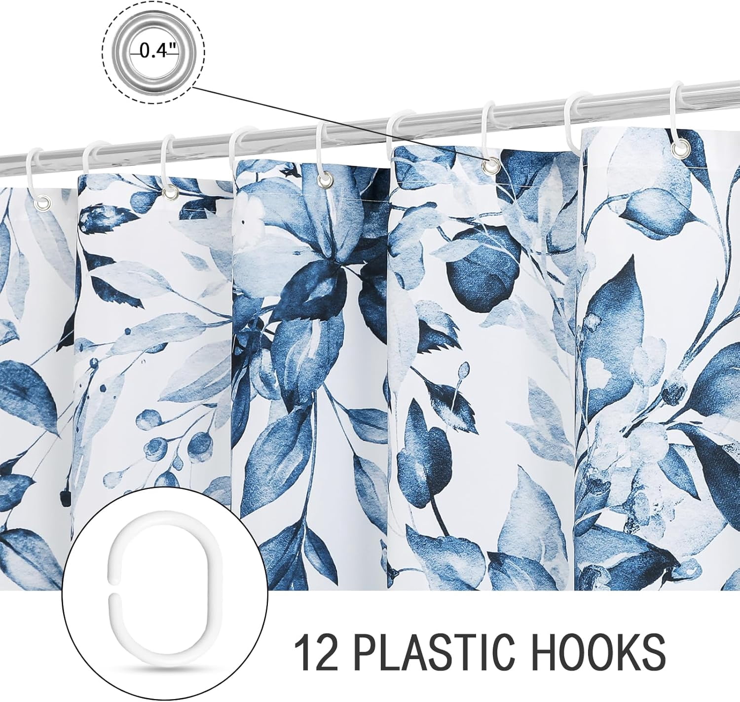 Gibelle Extra Long Shower Curtain 72 x 84, Navy Blue Floral Shower Curtain for Bathroom, Watercolor Plant Eucalyptus Leaves Fabric Shower Curtain Set with Hooks