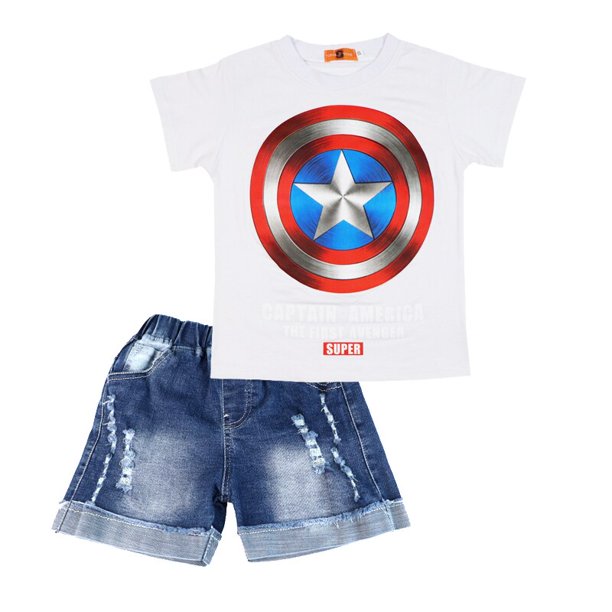 Trajes de niños Dibujos animados Verano Algodón Niños Camiseta Pantalones cortos de mezclilla Conjunto de ropa Traje de niños Ropa Vengadores Spiderman6T Gao Jinjia LED