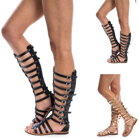 Dakaela Knee High Sandals for Women Gladiators Strappy Flat Summer Boots Back Zipper Open Toe Outdoor Casual Shoes Black 5