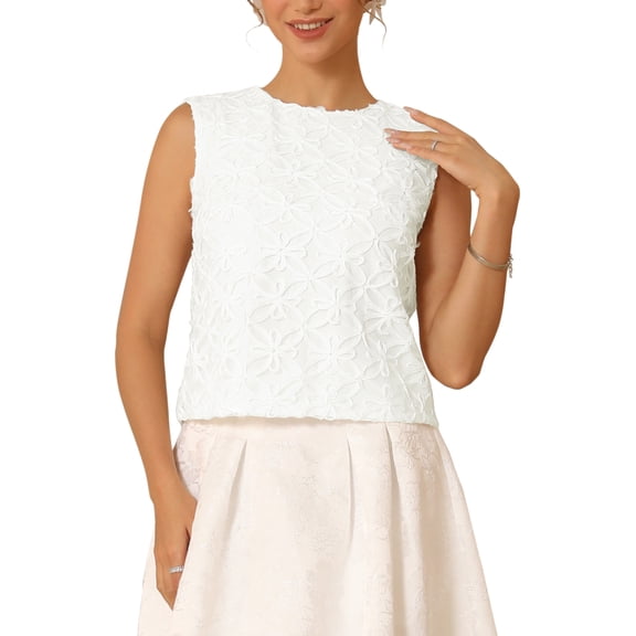 INSPIRE CHIC Women's Floral 3D Blouse Sleeveless Round Neck Mesh Dressy Crop Tank Tops S White