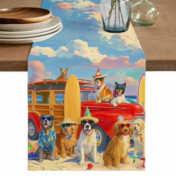 Coastal Beach Dogs Table Runner 36 Inches, Summer Ocean Watercolor Cartoon Blue Bed Runner Dresser Scarves Tabletop for Indoor Outdoor Parties/Ceremony/Banquet, 13"x 36"