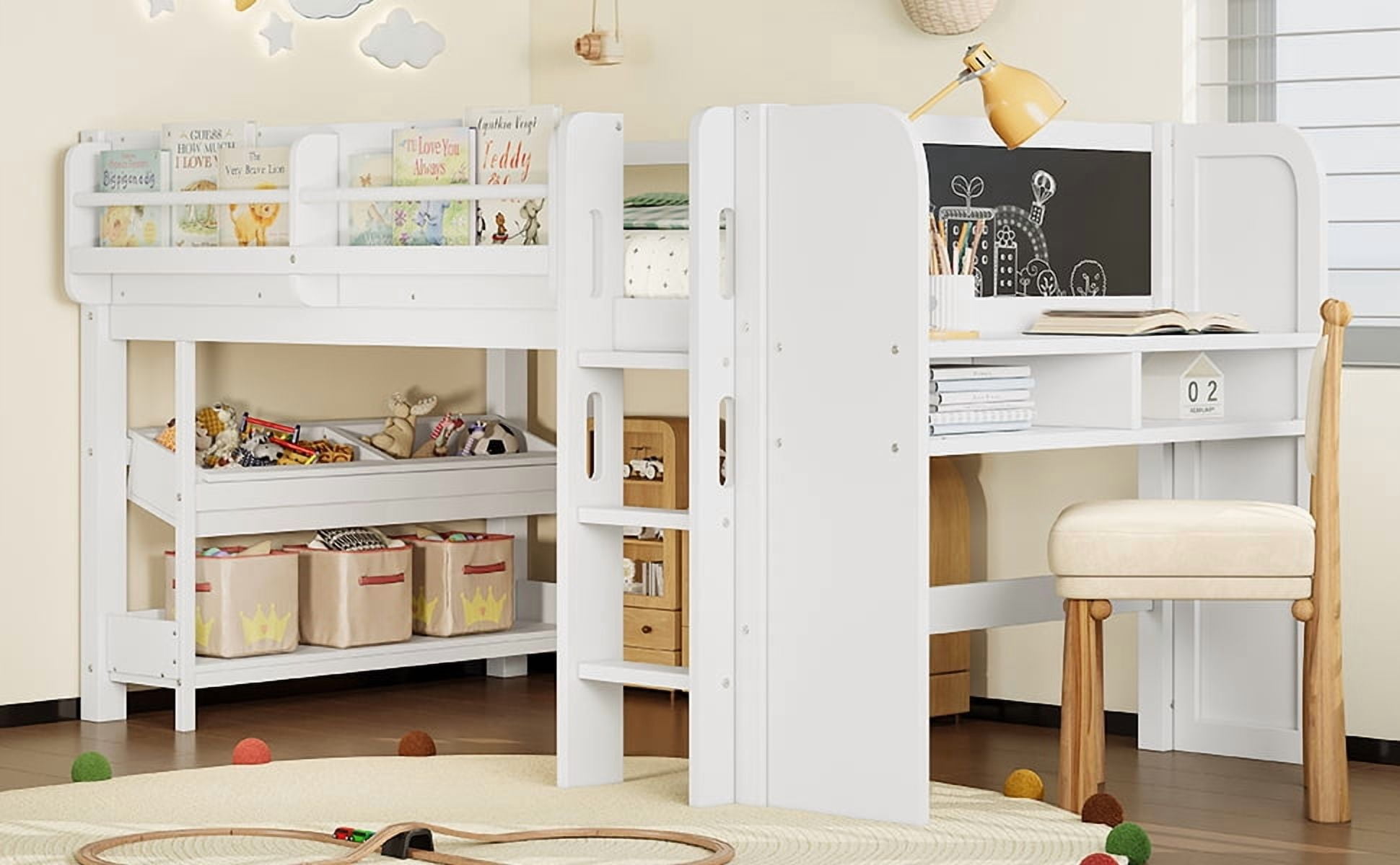 Mintazer Twin Low Loft Bed with Desk & Blackboard, Kids Loft Bed with Storage Drawers, No Spring Box Needed, White