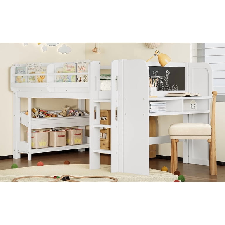 Mintazer Twin Low Loft Bed with Desk & Blackboard, Kids Loft Bed