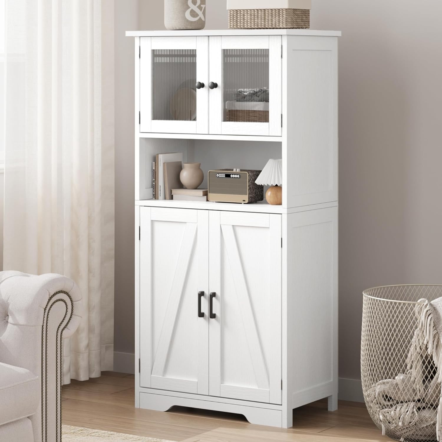 Freestanding Linen Storage Cabinet with Glass Doors, Versatile Kitchen Pantry and Living Room Cupboard with Adjustable Shelves (White)