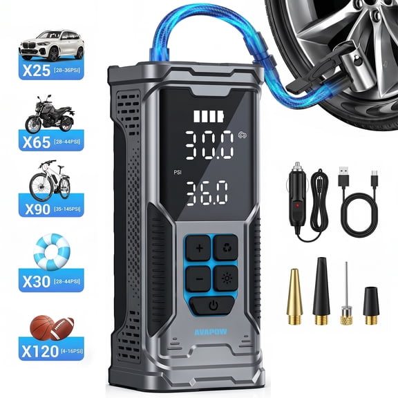 AVAPOW Cordless Tire Inflator, 180 PSI Portable Air Compressor, Fast Tire Pump with Digital Pressure Gauge, Auto Shutoff & LED Light for Car, SUV, Motorcycle, Bike