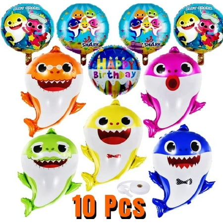 10pcs Baby Little Shark helium Balloons with 10 meter ribbon, 26 inches Baby Cute Shark Balloons, Baby Cute Shark Party Supplies, Decorations