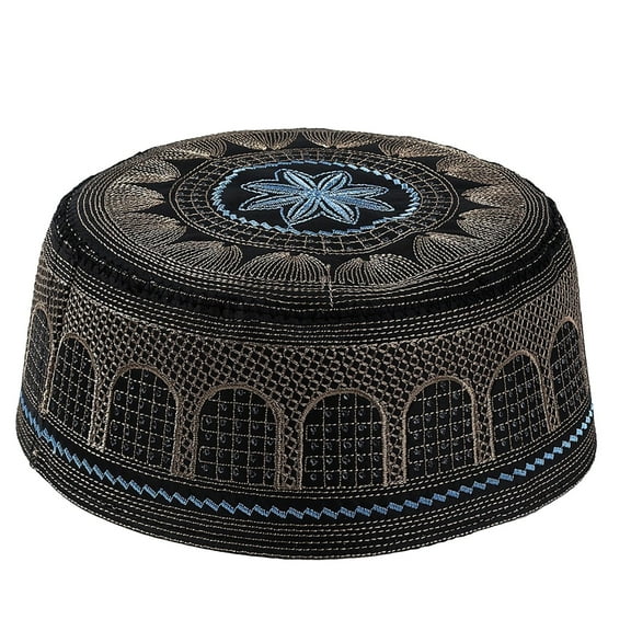 Baqcunre Kufi Hats for Men Muslim, Muslim Cotton Embroidered Flat Hat for Men Black L