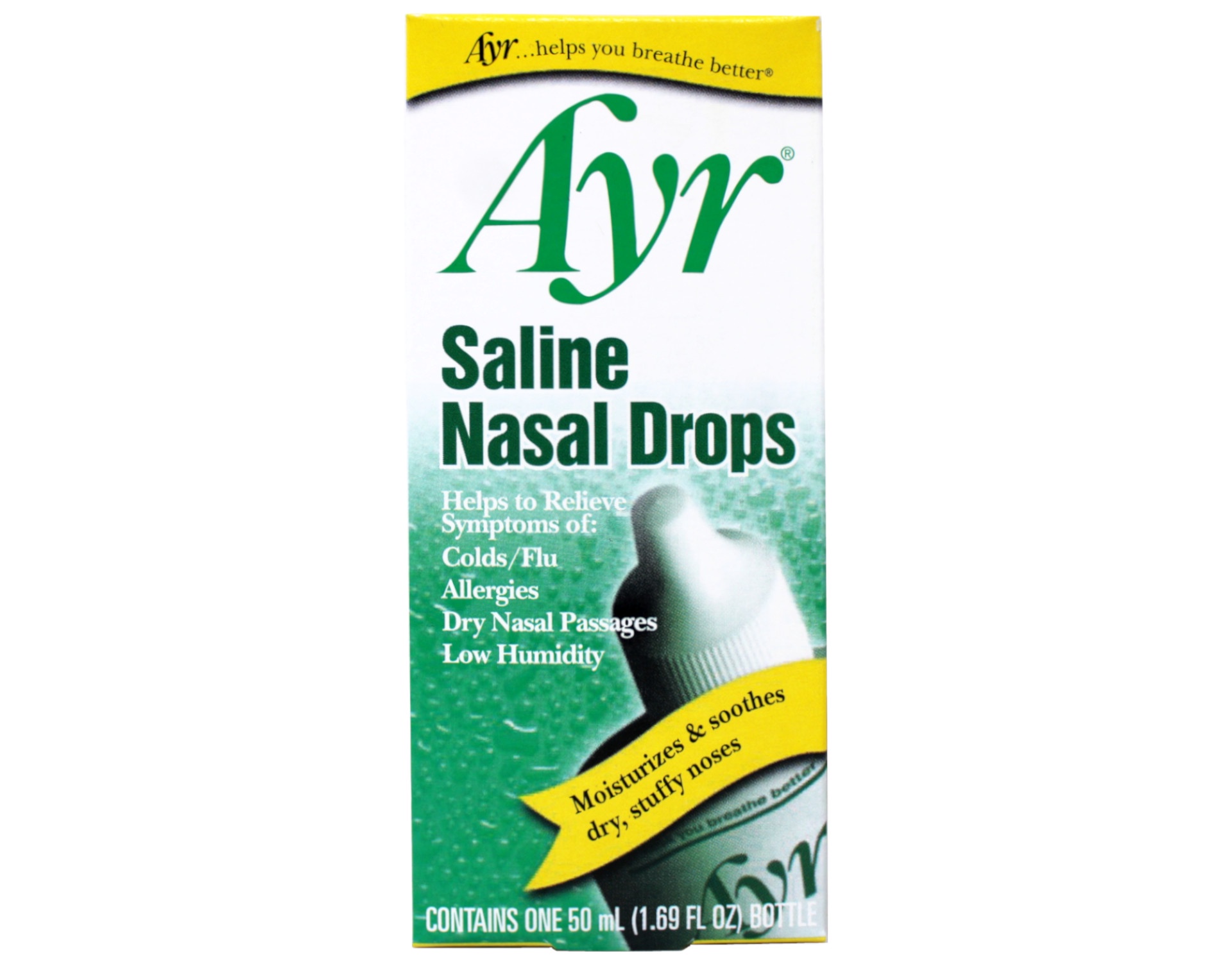 Ayr Saline Nasal Drops, Cold/Flu, Allergy, Dry Nasal Passages Relief, Moisturizes & Soothes Dry Stuffy Noses, 1.69 fl oz