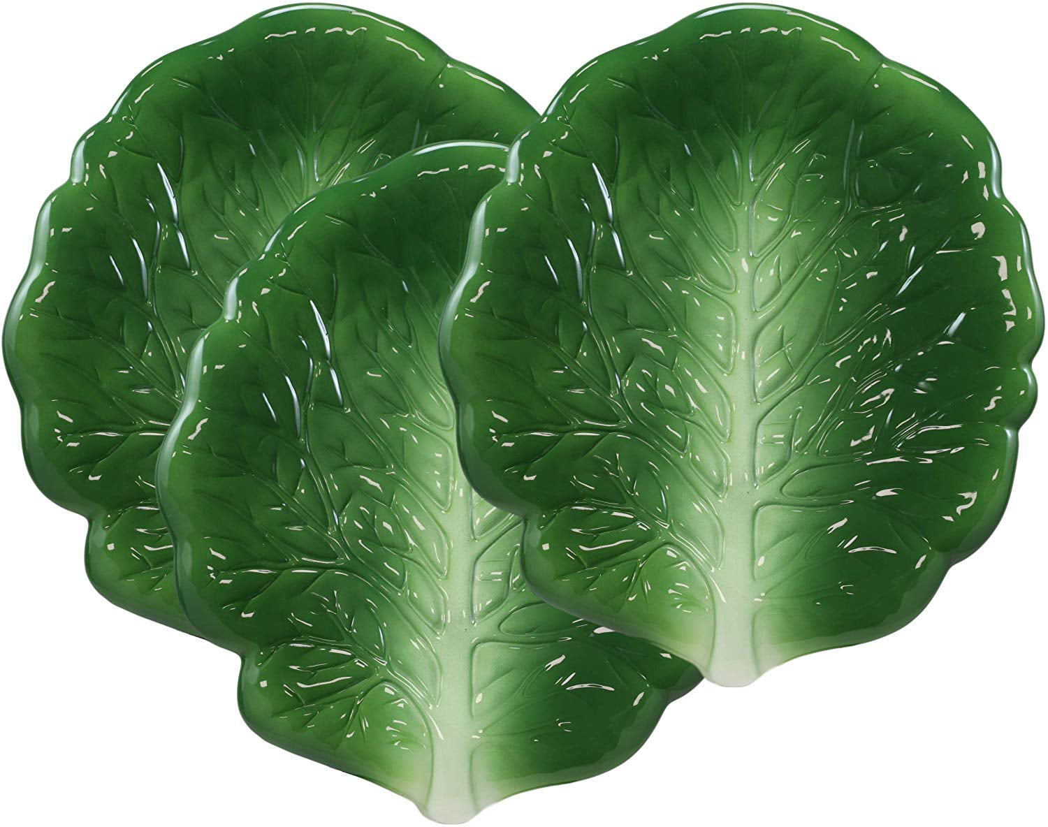 Ebros 12"L Ceramic Fresh Hearty Red Leaf Lettuce Shaped Serving Plate SET OF 3 