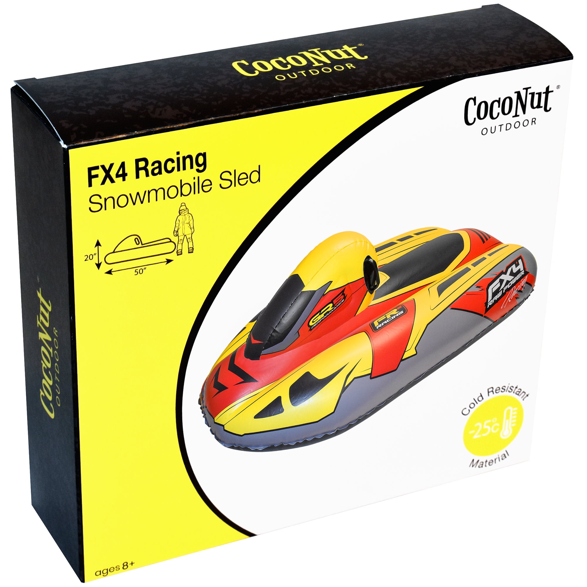 CocoNut Outdoor: FX4 Racing Snowmobile Sled - Yellow & Red, 50x20" Inflatable Toboggan, Cold Resistant PVC, Outdoor Tube, 200lb Cap, Kid-Teen-Adult 8+