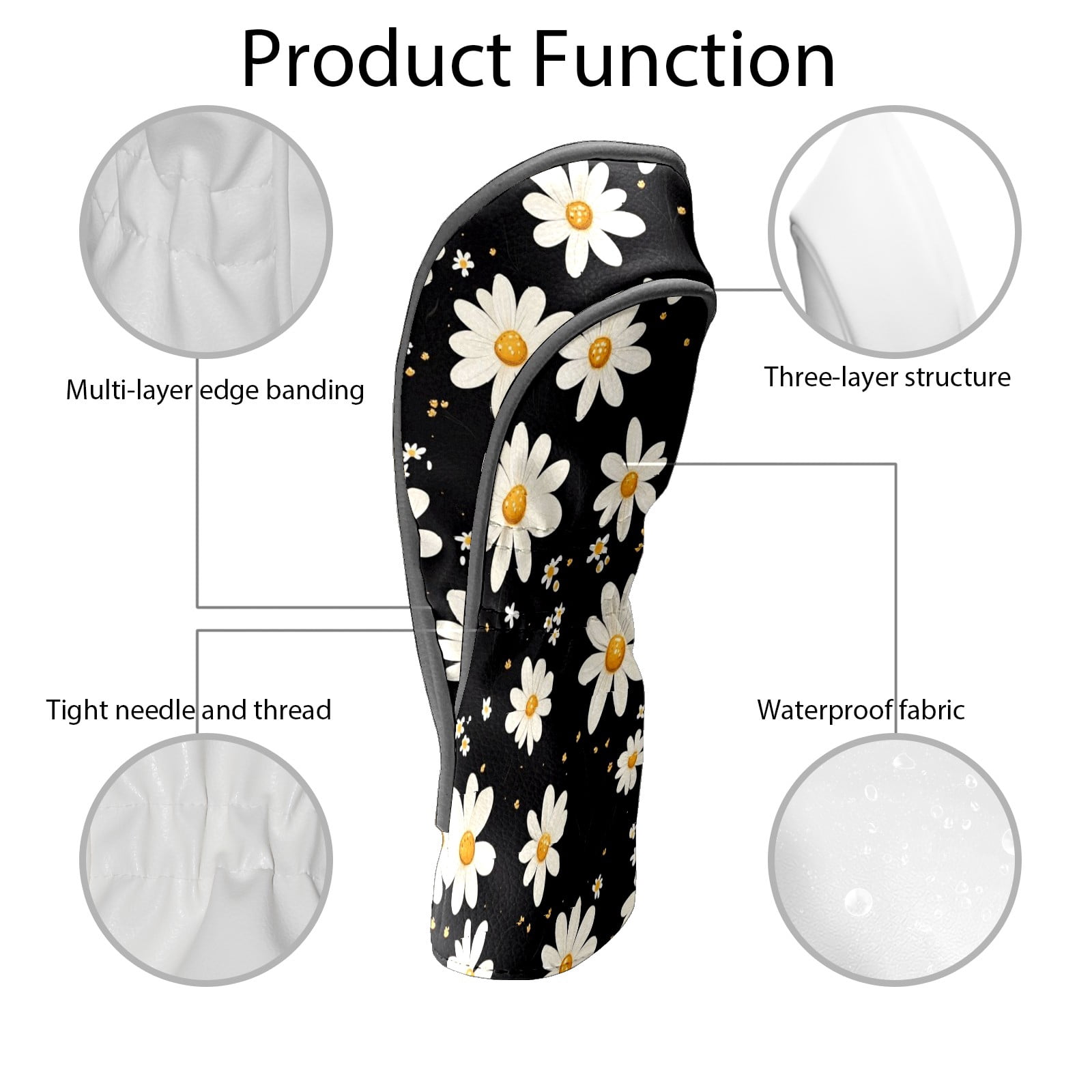 Golf Club Head Covers - White Daisy Design, PU Leather, Waterproof, Fits Fairway Woods/Hybrid, Unisex, Fits Most Brands
