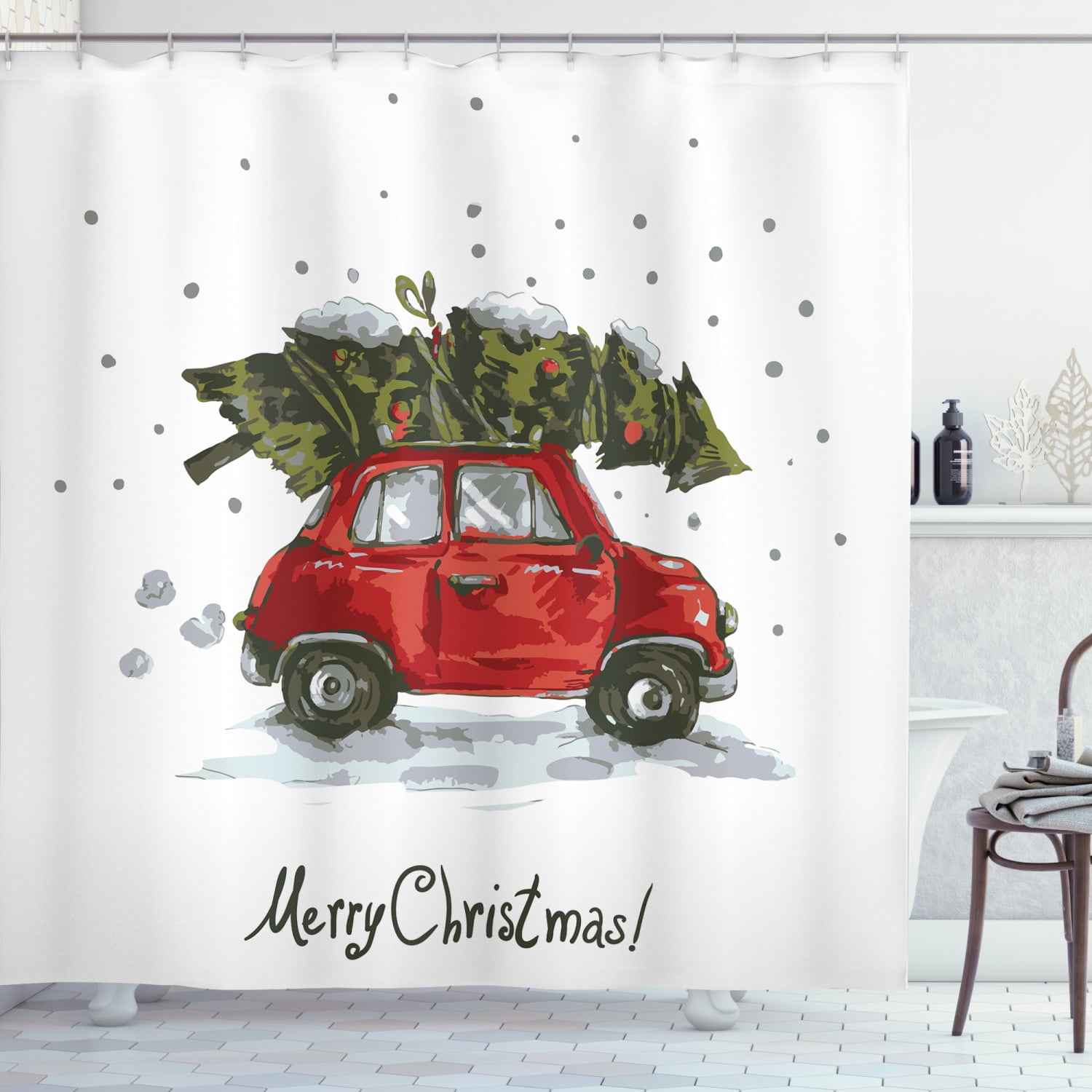 CHRISTMAS FABRIC SHOWER CURTAIN 13 Piece Set CLASSIC RED CAR AND TREES 