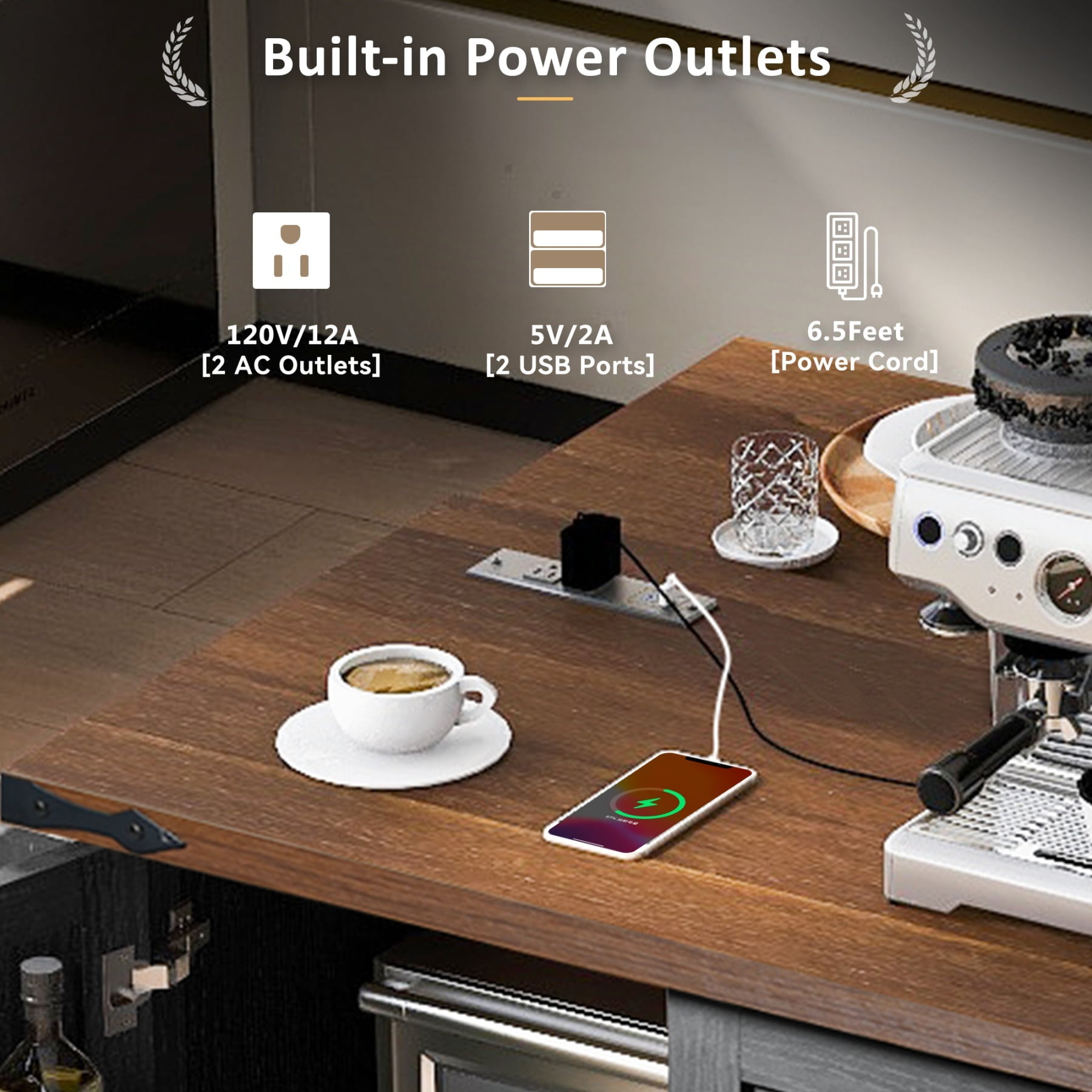 Alvantor 54.5'' Kitchen Island Carts with Power Outlet, Farmhouse Buffet Cabinet with Drop Leaf, Spice Rack and Drawer for Dining Room Living Room Black