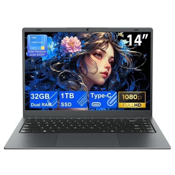 RNRUO 14" Laptop Computer, 32GB RAM 1TB SSD Intel 6500Y with 2 Cores, 1080p Display, Dual 4K Output, Type-C PD WiFi5 BT5.0, Office 2024 Windows 11 for Business Study, Dark Gray