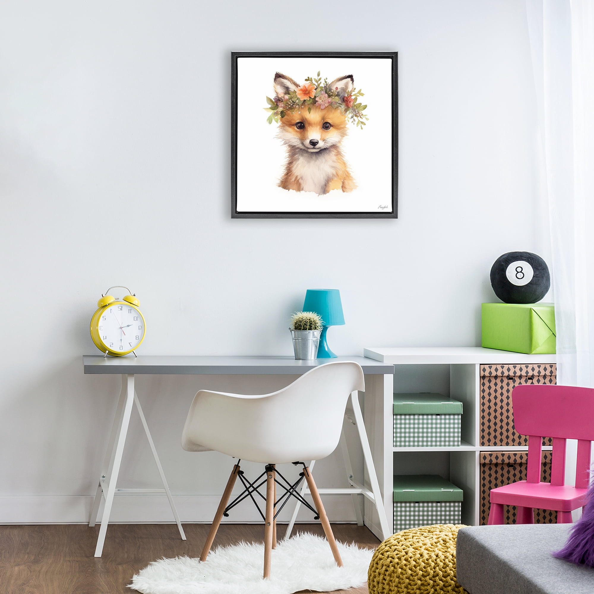 Stupell Industries Woodland Fox Flower Crown Black Framed Floater Canvas Wall Art, design by Roozbeh