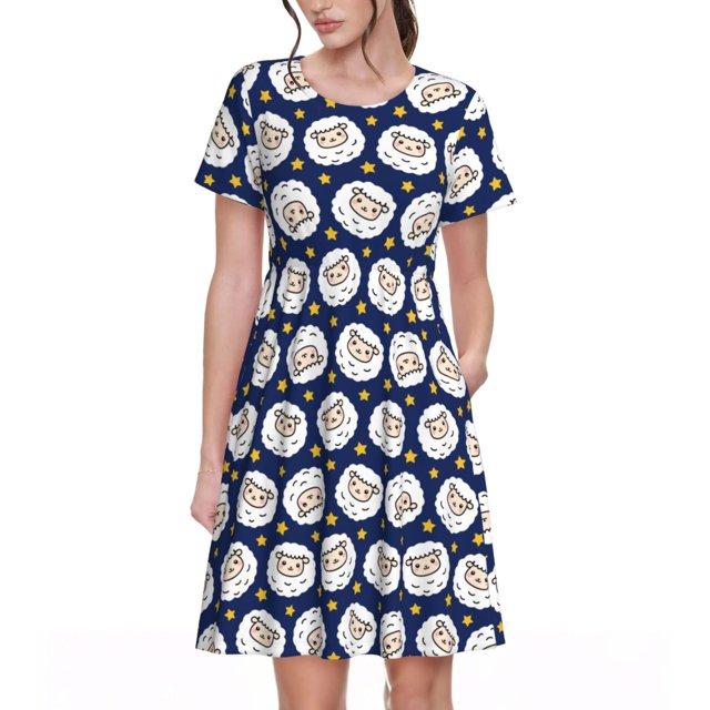 Disketp Cute Sheep With Star para Vestido de Manga Corta para Mujeres, Vestidos de Verano para Mujeres, Casual y Holgado para la Playa
