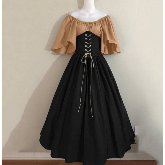 Vestido medieval retro de color contrastante ajustado, vestido grande con mangas voladoras y hombros descubiertos, vestido de cosplay