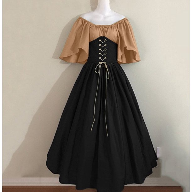 Vestido medieval retro de color contrastante ajustado, vestido grande con mangas voladoras y hombros descubiertos, vestido de cosplay
