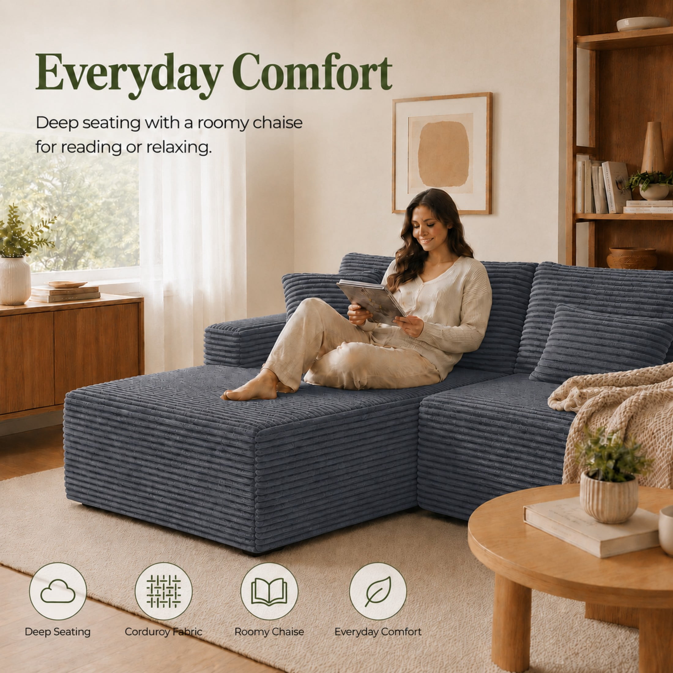 Aenkyo 106 Inch Corduroy L-Shaped Cloud Sectional Sofa with Reversible Chaise, Gray