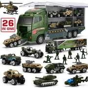26 in 1 Military Truck with Soldier Men Set, Mini Die-cast Battle Car in Carrier Truck, Army Toy Double Side Transport Vehicle for Kid Child Girl Boy Play Birthday Party Favors