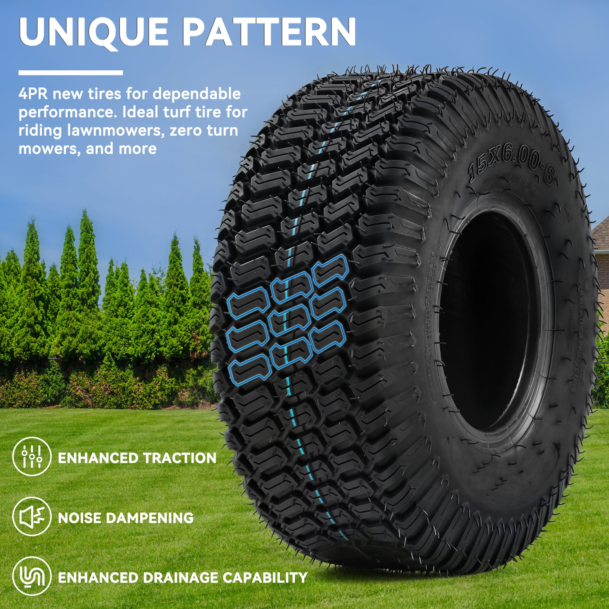 Uforic Set of 2 15x6.00-6 Lawn Mower Turf Tires, Heavy Duty 4 Ply Tubeless Replacement Tires, 570 LBS Max Load Capacity for Riding Lawn Tractors & Garden Vehicles