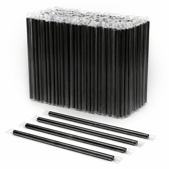 Concession Essentials 7.75" Wrapped Black Straws – Individually Wrapped Disposable Drinking Straws, Standard Size for Soda, Iced Coffee & Cocktails – Pack of 200