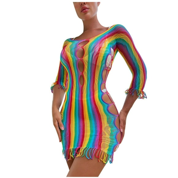 Rainbow Striped Tassel Lace Up Sexy Lingerie Dress For Women Summer Beach Bikini Cover Up Sheer Mesh Skirt Vintage Negligee Large