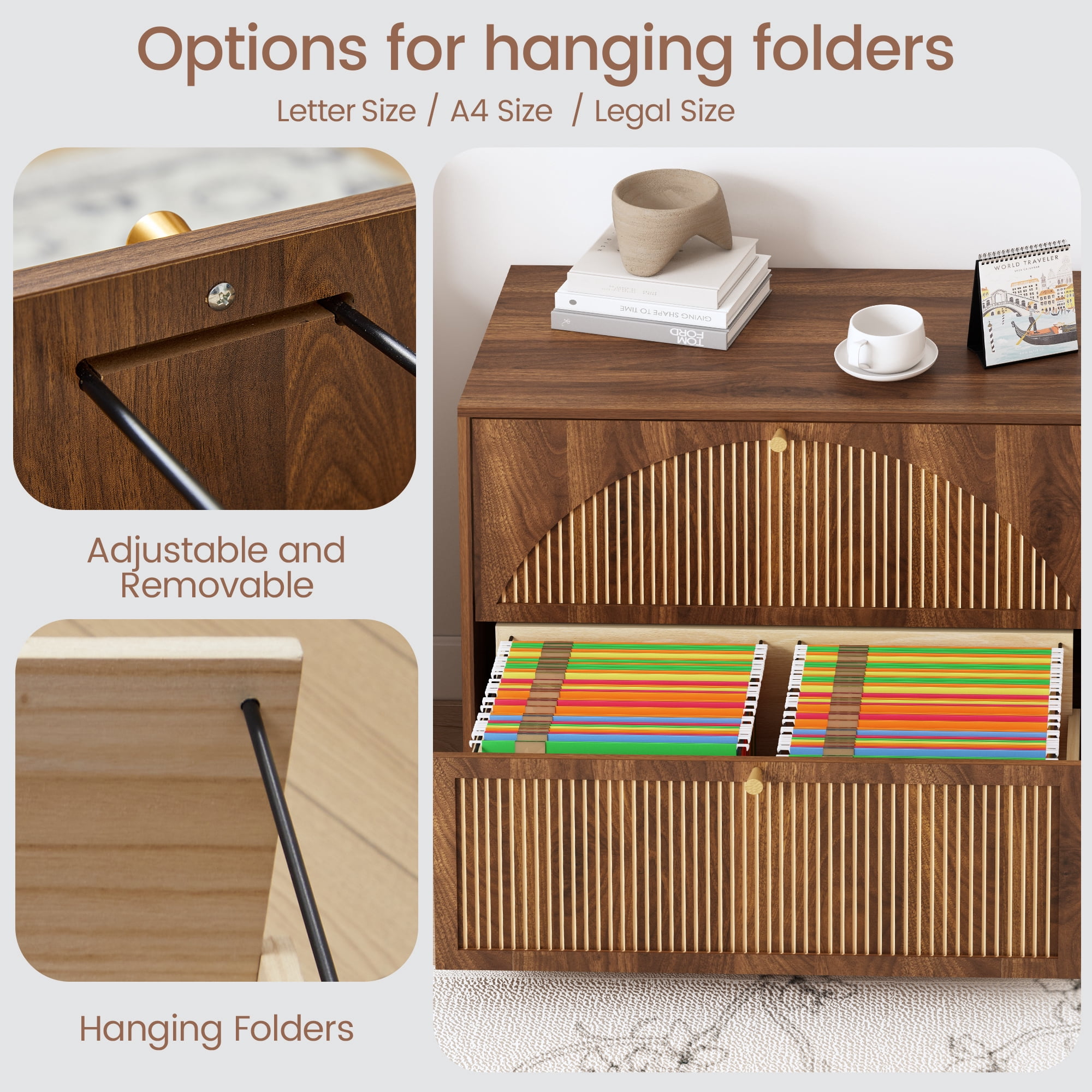Walnut 2-Drawer Wood File Cabinet, Vertical Filing Cabinet for Letter/A4-Sized Files, Modern Fluted Design Storage Organizer, Easy to Assemble for Home Office