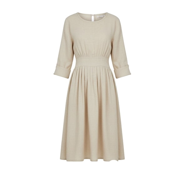 Htigea Linen Dresses for Women Rolled Long Sleeve Crew Neck Midi Dress Boho Casual Beach Vacation Outfits Beige S