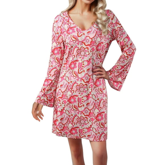 Kcodviy 70S Disco Outfit Women Swing Dress 7 Pcs 70's Disco Comfy Dresses Dress Hippie Clothes Accessories Linen Midi Dress Jewelry Halloween