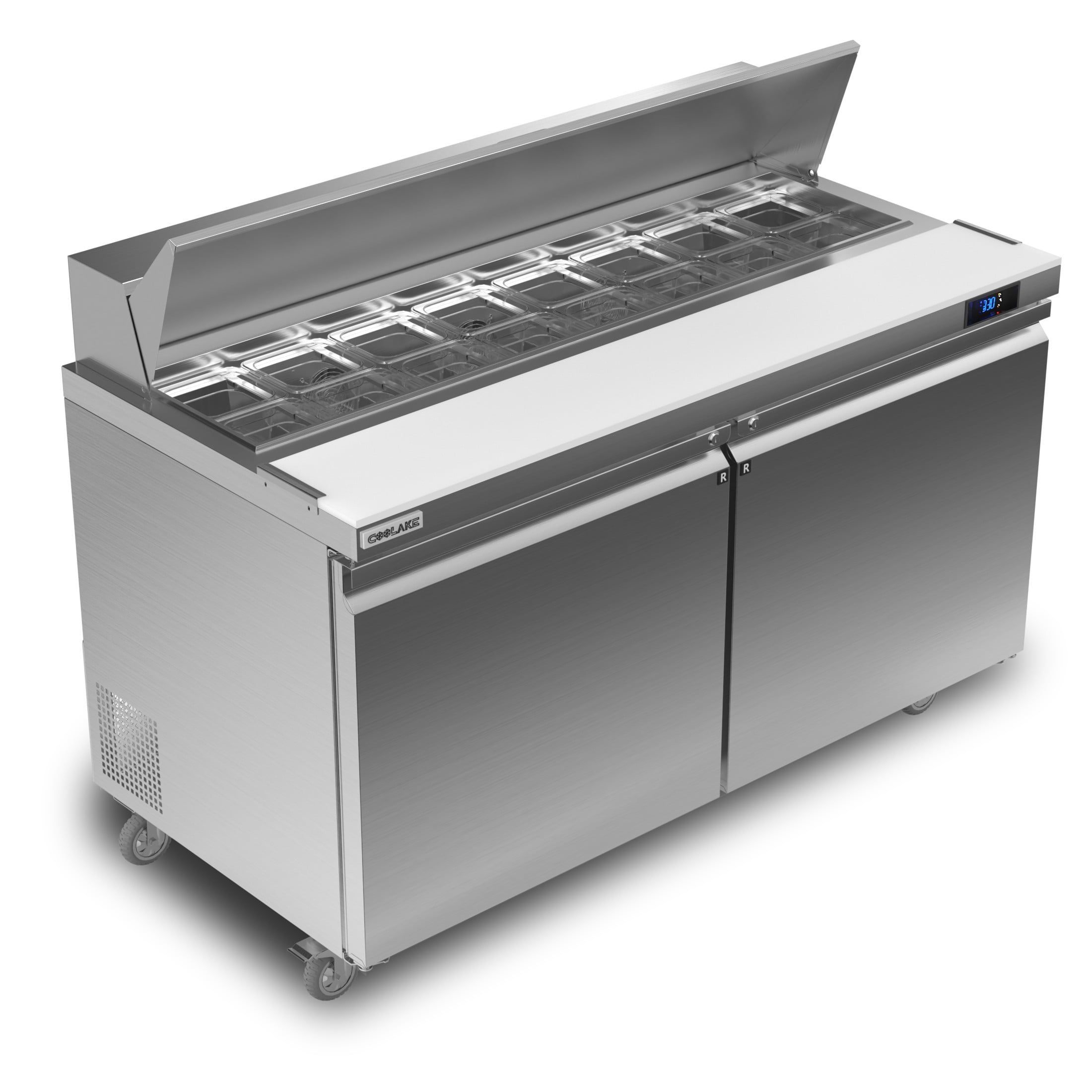 Coolake 60''W Commercial Salad Sandwich Prep Table Refrigerator, 2 Door Stainless Steel 18 Cu.ft Counter Fan Cooling Refrigerator