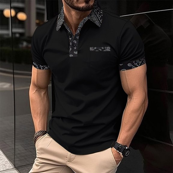 Men Short Sleeve Polo Shirt Casual Pullover Tops Fashion Patchwork Tshirt Button Down Blouses Trendy Outfits Clothing