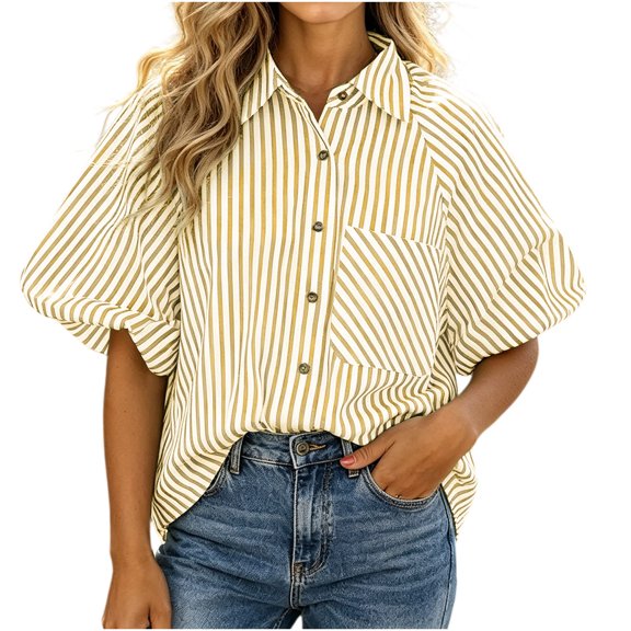 LEKWK Womens Summer Tops Button Down Short Puff Sleeve Striped Shirts Lightweight V Neck Loose Fit Collared Tops Fashion Casual Daily Outfits
