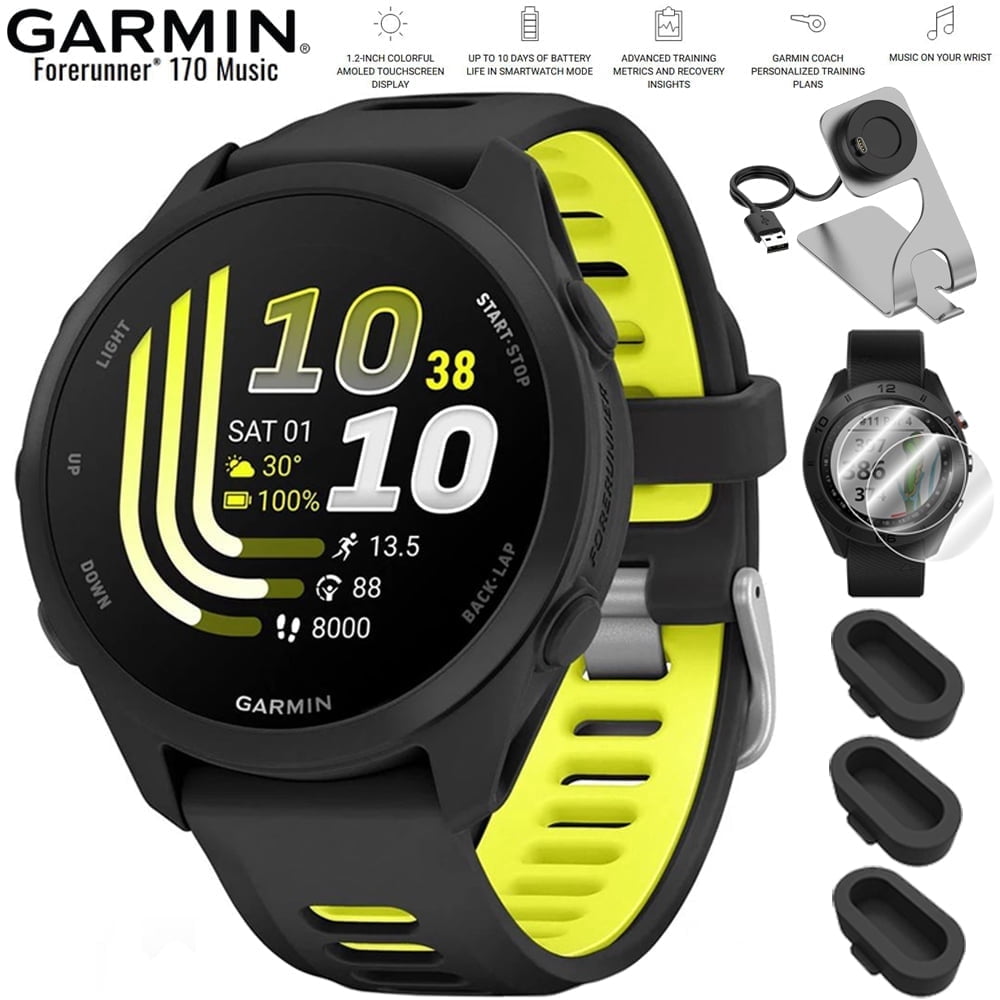 Garmin Forerunner 170 Music Black/Amp Yellow 010-03920-10 Bundle with Deco Essentials Charging Dock, 2-Pack Screen Protector and Silicone Dust Cover for Garmin Watch 3 Pack