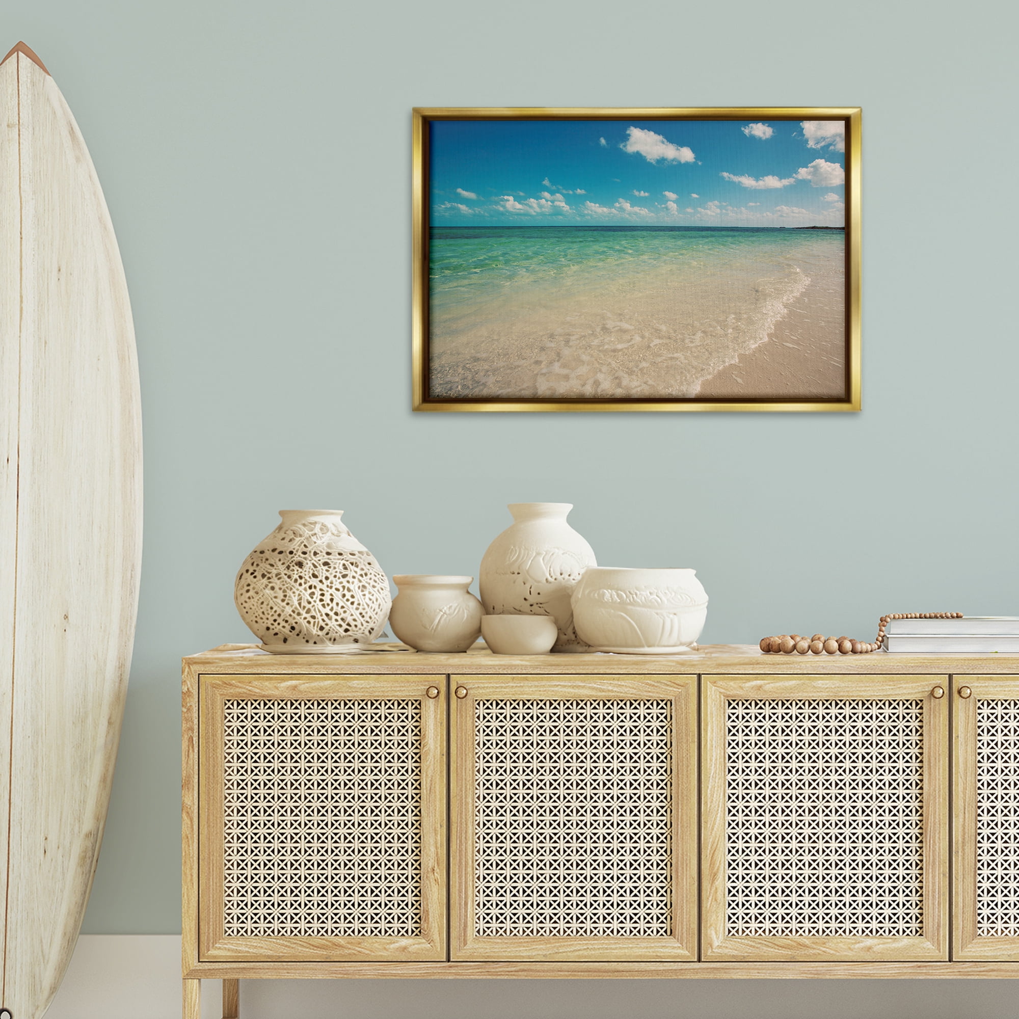 Stupell Industries Tranquil Coast Shore Coastal Photography Gold Floater Framed Canvas Art Print Wall Art, 31 x 21
