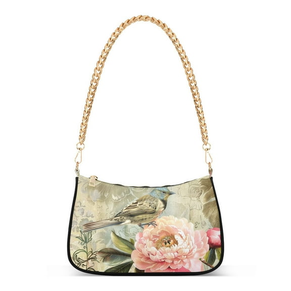 Ryvnso Bird on Retro Peony Flower Womens Chain Shoulder Bag Tote Handbags Clutch Hobo Purse with Zipper for Travel