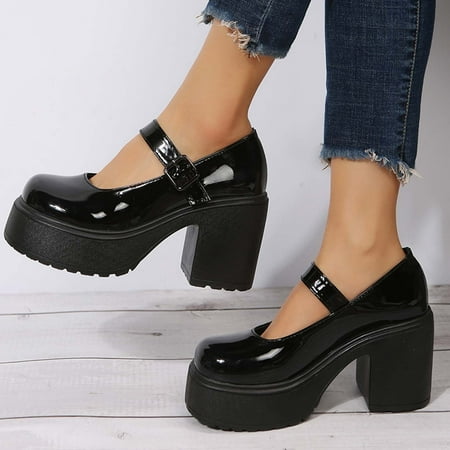 

Ecqkame Women s High Heels Shoes Clearance Women s Summer Fashion Chunky Heel High Heels Shoes Round-Toe Metal Buckle Shoes Black 41
