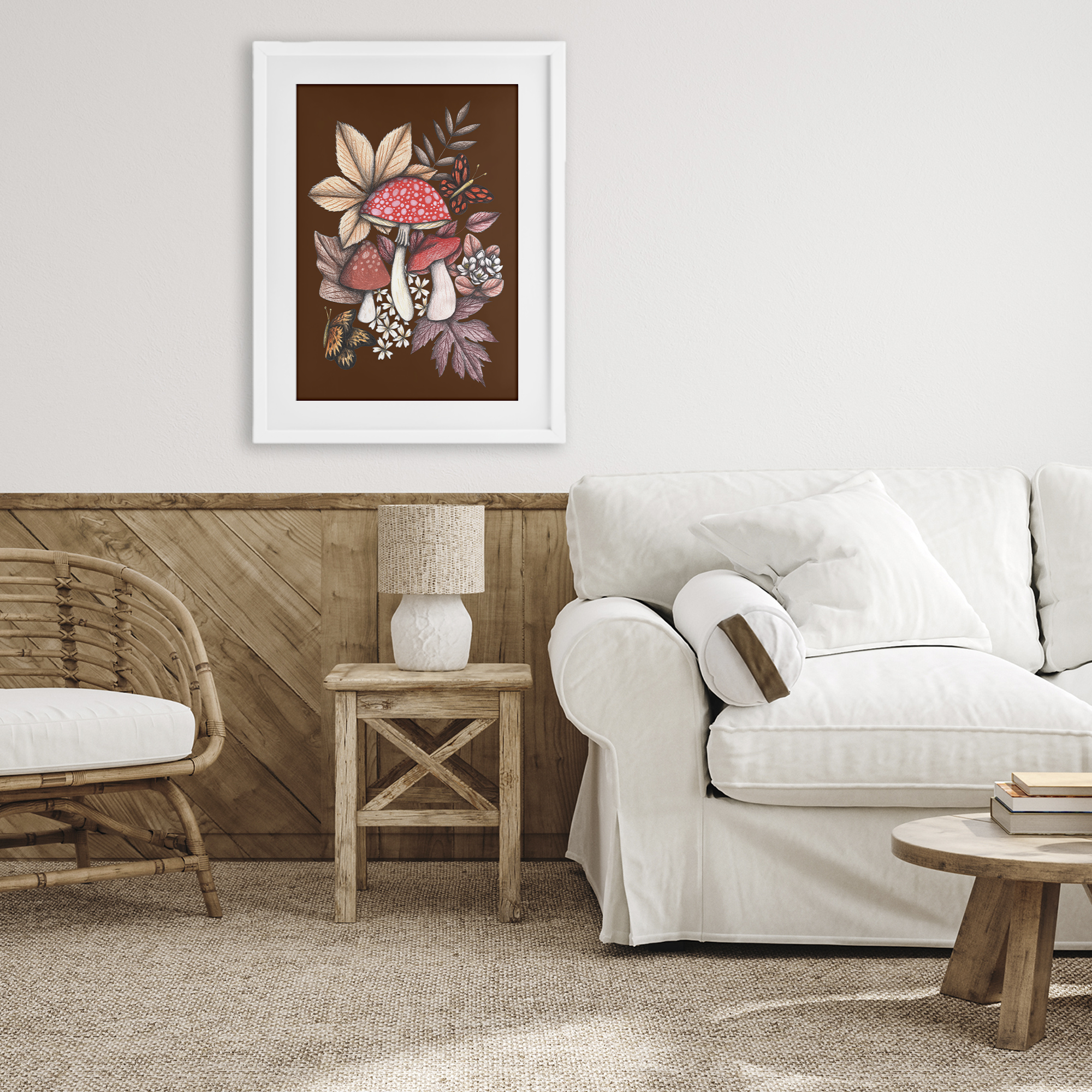 Autumnal Mushrooms Magic White Framed Print Under Glass, design by Cecilia Battaini