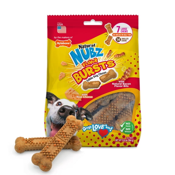 Nylabone Nubz Flavor Bursts Natural Dog Chew Treats, Bacon & Cheese Flavor, Large (7 Count)