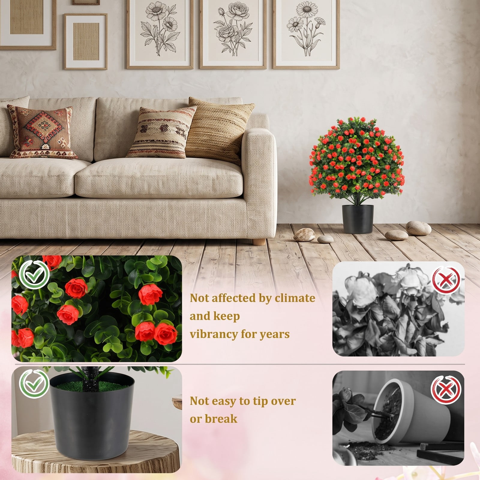 ALPULON 2 Pack Artificial Rose Topiary Ball Tree 21.5 Inch Faux Shrub Bushes with Red Flowers and Cement Base for Front Porch Home Office Decor, Red