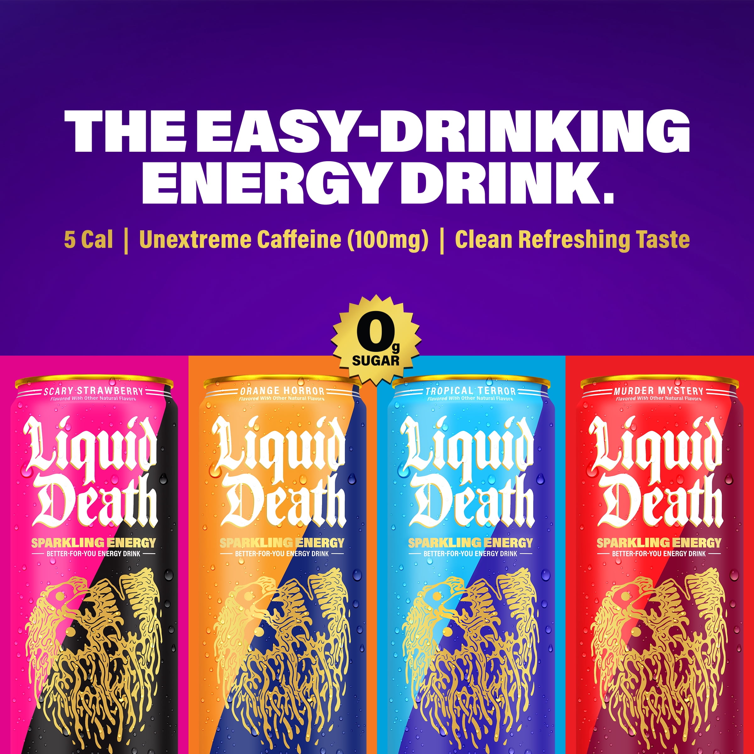Liquid Death Sparkling Energy - Tropical Terror (Classic Piña Colada), Zero Sugar Energy Drink, Unextreme Caffeine 100mg, Essential Vitamins, 12 fl oz