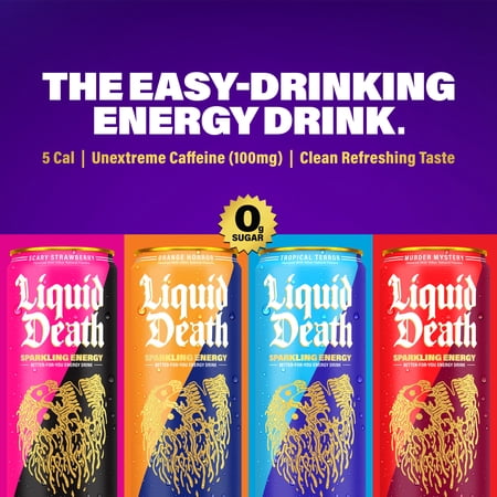 LIQUID DEATH SPARKLING ENERGY – ORANGE HORROR (ORANGE AND CREAM), ZERO SUGAR ENERGY DRINK, UNEXTREME CAFFEINE 100MG, ESSENTIAL VITAMINS, 12 FL OZ