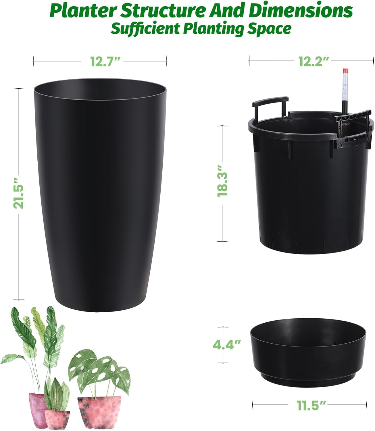 16"/22" Tall Planters (Set of 2) - Self-Watering Indoor Plant Pots with Drainage & Water Level Indicator, Modern Flower Pots for Patio, Living Room & Office