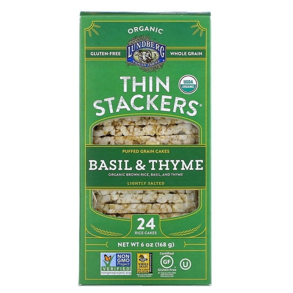 Lundberg, Organic Thin Stackers, Puffed Grain Cakes, Basil & Thyme, Lightly Salted, 24 Rice Cakes, 6 oz (168 g) Pack of 2