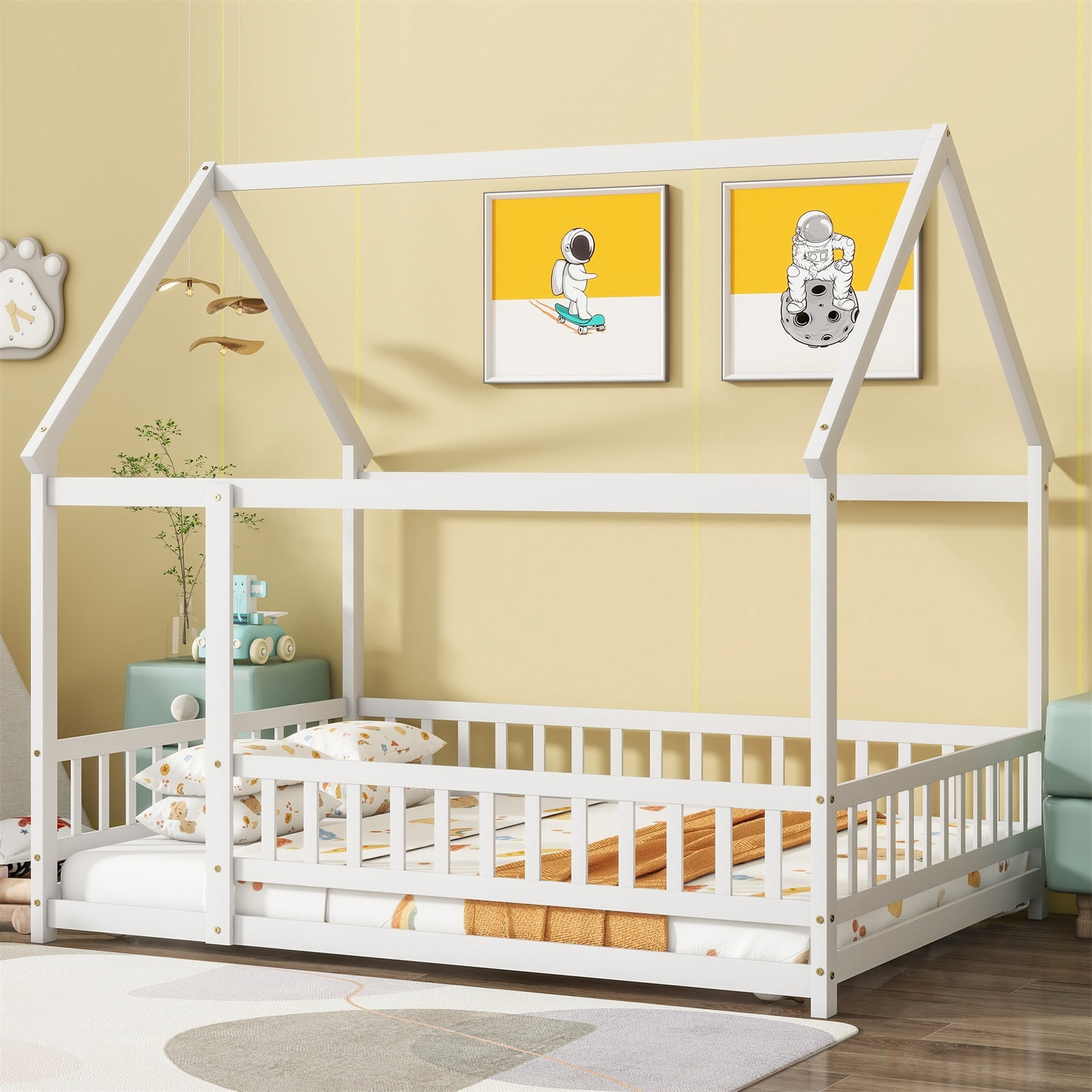 Alvantor Full Size Floor House Bed for Toddler, Solid Wood Bed Frame with Guardrails White
