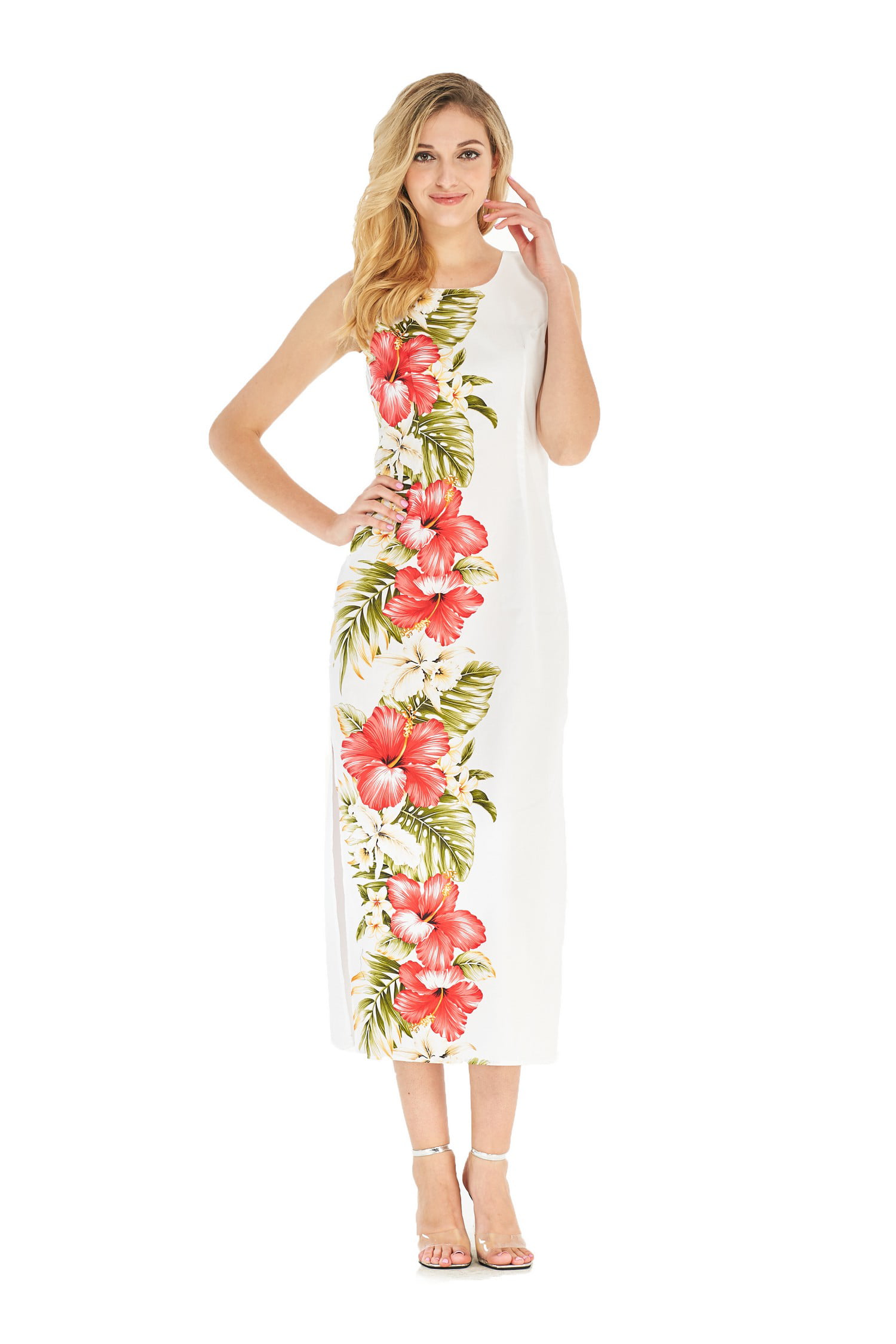 Made In Hawaii Women's Hawaiian Luau Maxi Tank Dress in White Side Floral 