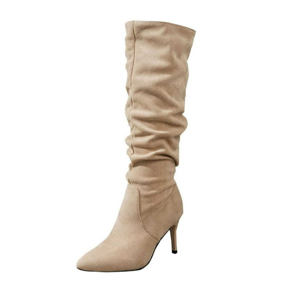 Dasayo Wide Calf Womens Boots Beige Slouch Mid-Calf High Heel Dress Snip Toe Boots Shoes Women 35