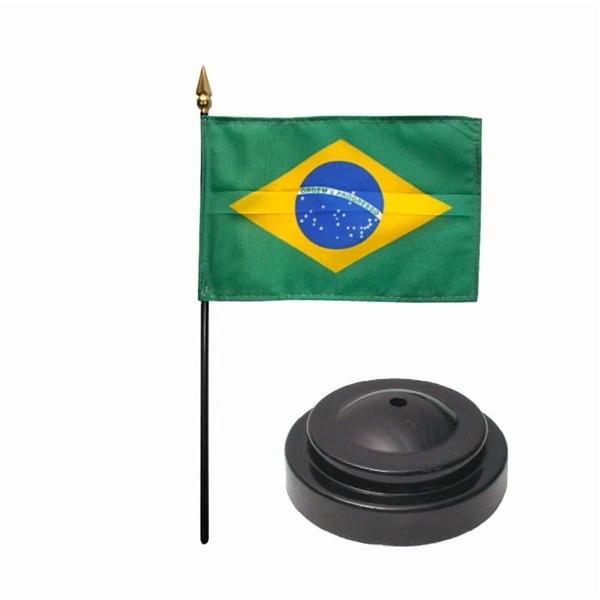 Brazil Desk Flag with Base; American Made Rayon 4x6 inch Miniature Table Set Includes One Small Mini Country Stick Flags and One Black Stand (Brazil Desk Flag and Base)