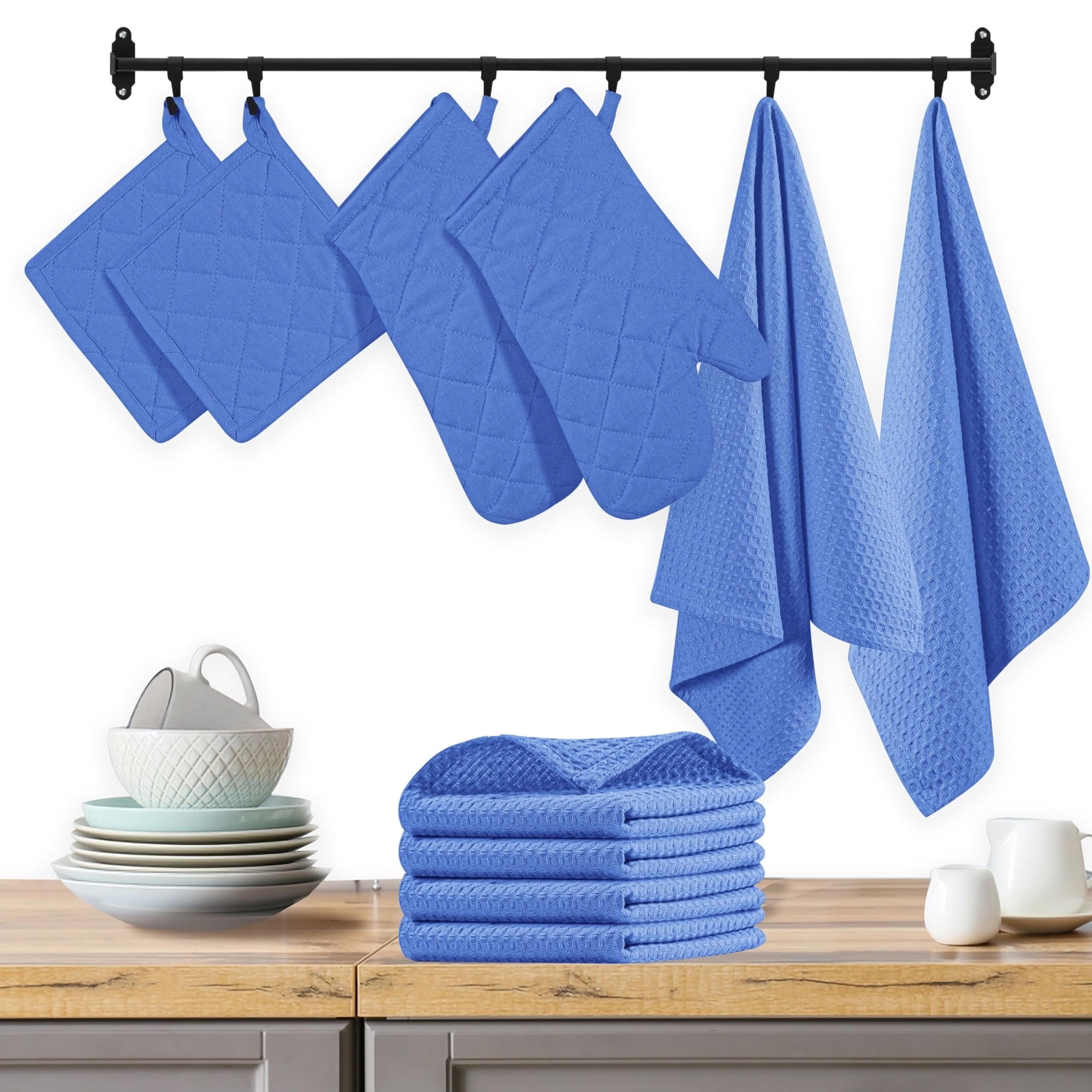 Native Fab 100% Cotton Kitchen Linen Set of 10, Towels and Dishcloths, Heat Resistant Oven Mitts and Potholders, Super Absorbent & Machine Washable, Sky Blue