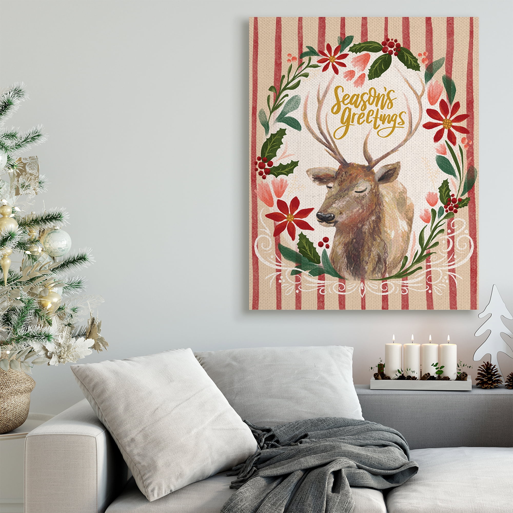 Stupell Industries Seasons Greetings Holiday Wreath Soft Reindeer Portrait Animals & Insects Painting Gallery Wrapped Canvas Art Print Wall Art, 36 x 48